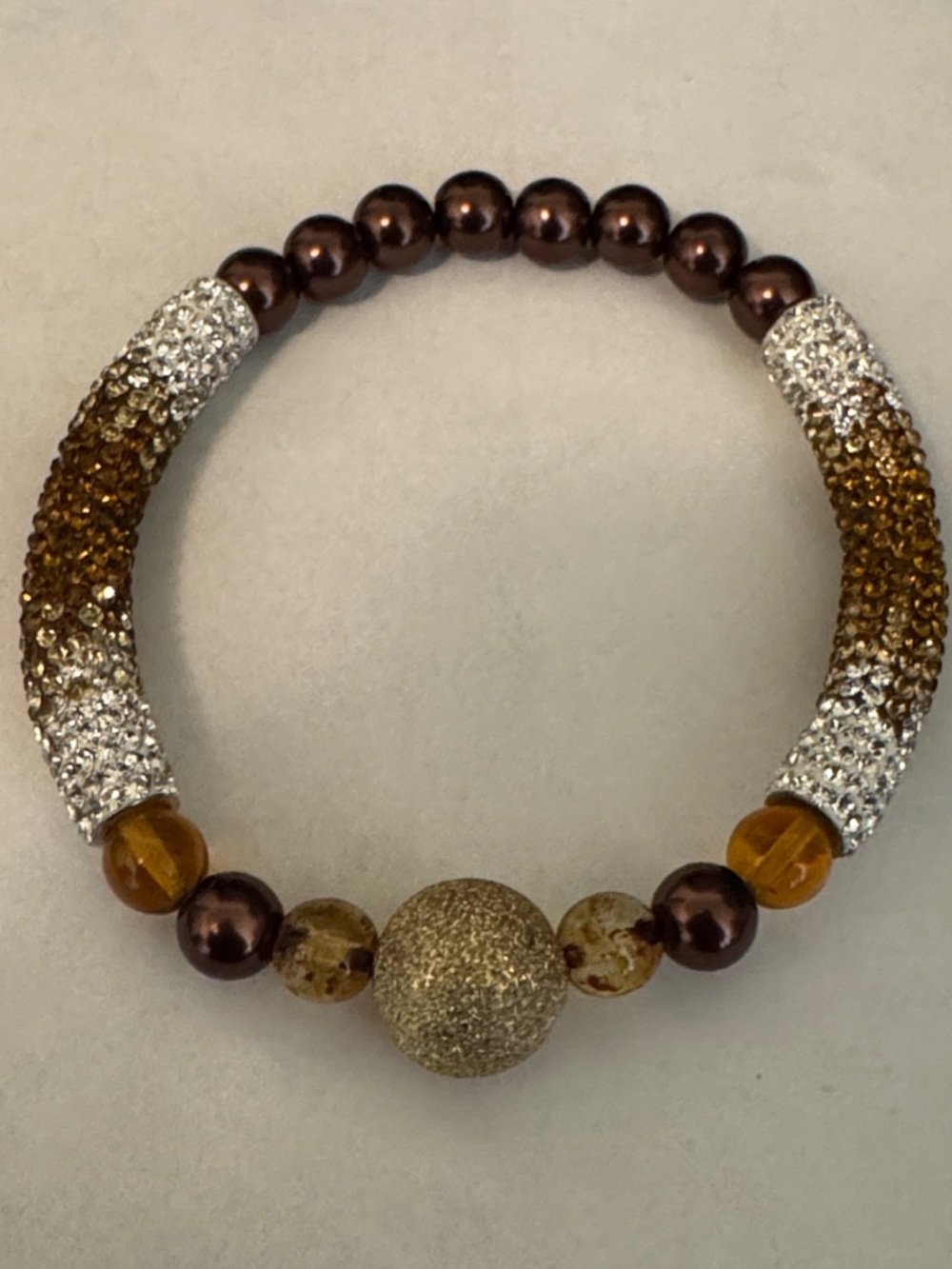 Gold and Brown Crystal Tube Bead Stretch Bracelet